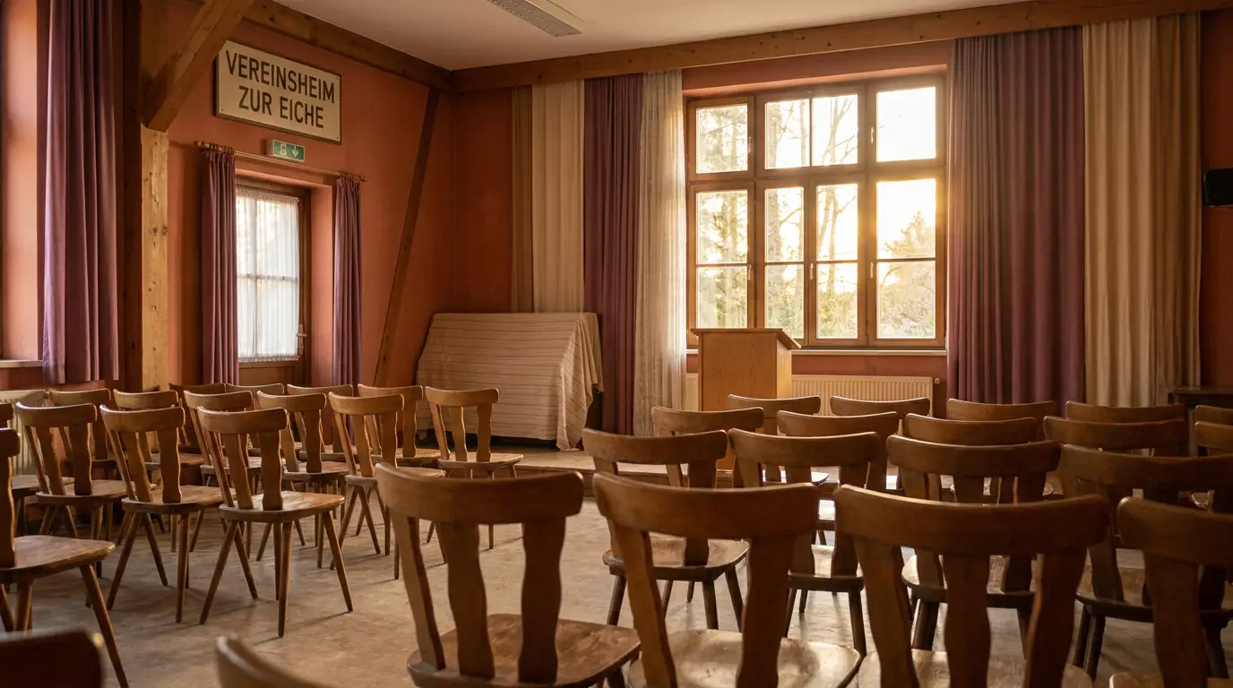 Mitgliederversammlung in einem schlichten Saal mit Stuhlreihen, Rednerpult und Wandprojektion — dokumentarisch fotografiert