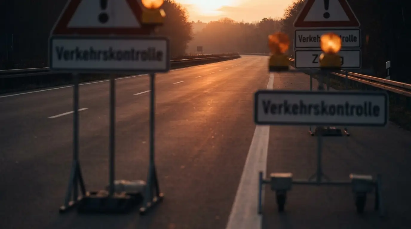 Verlassene Autobahnstrecke in der Dämmerung mit Verkehrskontrollschildern