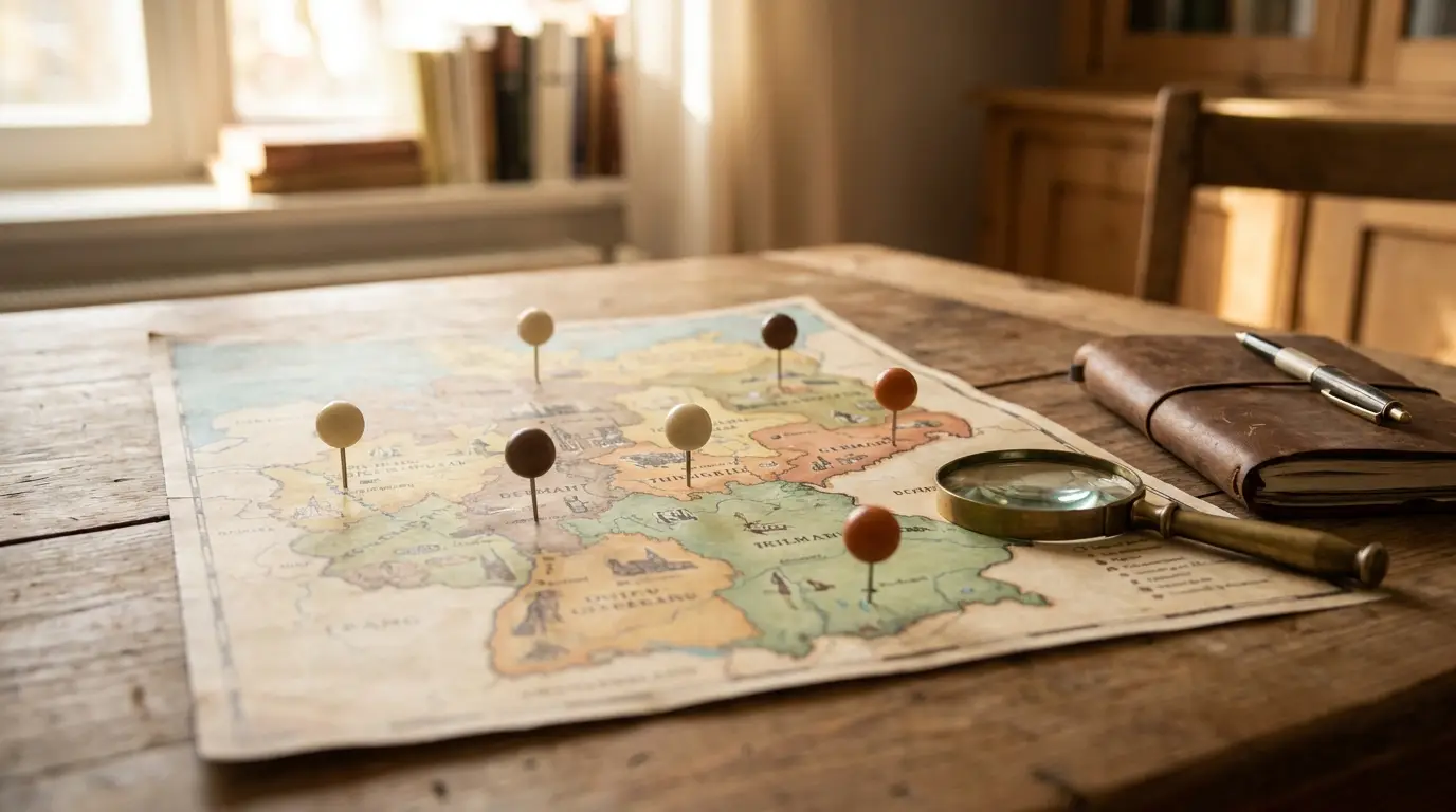 Deutschland-Karte mit Bundesländer-Markierungen auf einem Holztisch