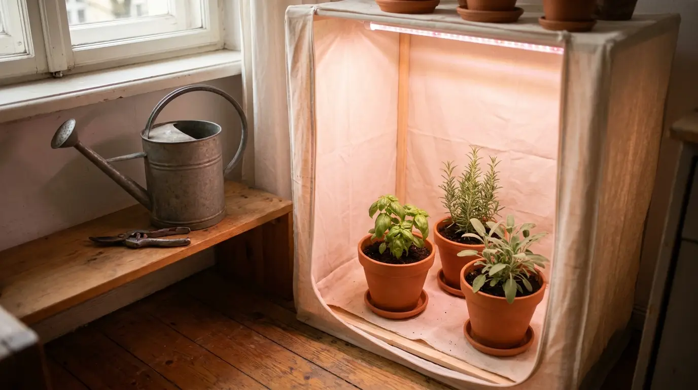 Drei junge Kräuter-Pflanzen in Terracotta-Töpfen in einem Indoor-Anbauzelt mit warmem LED-Licht