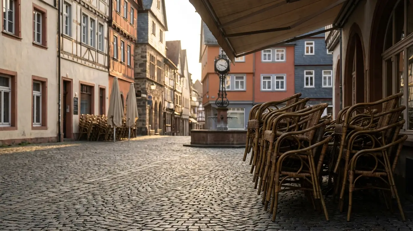 Leere Fußgängerzone in einer deutschen Innenstadt zur goldenen Stunde mit Kopfsteinpflaster
