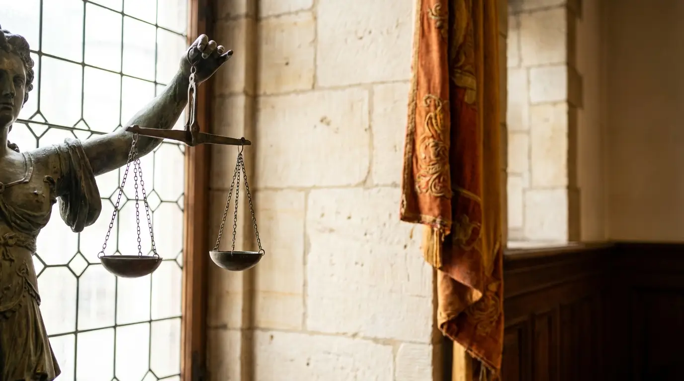 Justitia-Statue mit Waage im Fensterlicht, Steinhintergrund