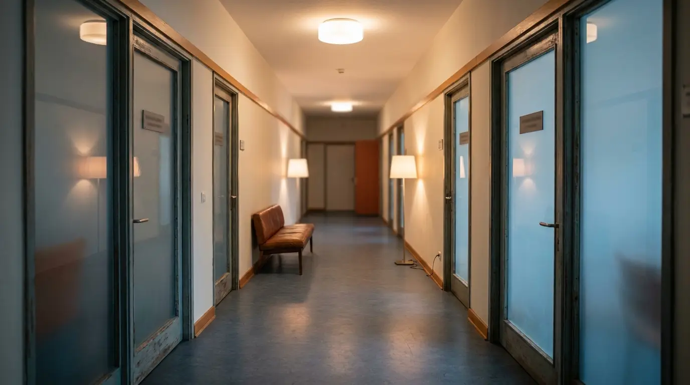 Langer Flur einer Begutachtungsstelle mit Mattglastüren
